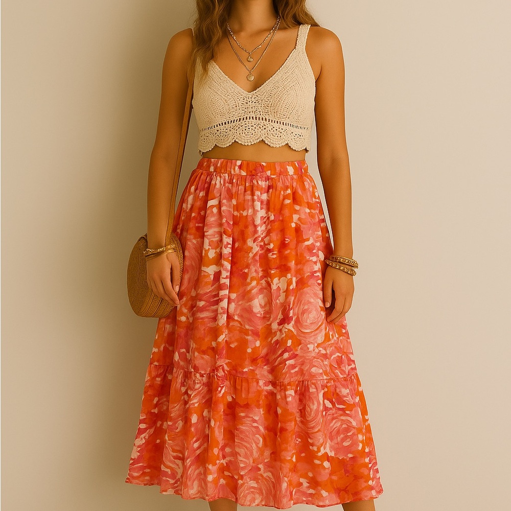 Coldwater Creek Orange Floral Midi Skirt